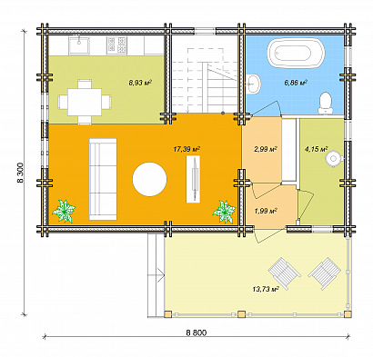 Проект дома из двойного бруса «Уварово», 98 м². Планировка 1 этаж