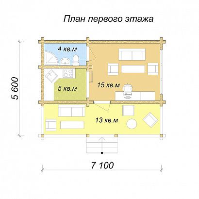 Проект дома из клееного бруса &laquo;Матвеево&raquo;, 42 м². Планировка 1 этаж