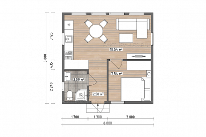 Проект каркасного дома &laquo;Барн-03&raquo;, 31.8 м². Планировка 1 этаж