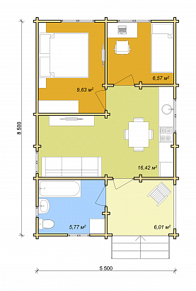 Проект дома из двойного бруса «Авеста», 46 м². Планировка 1 этаж