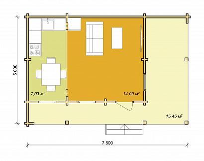 Проект дома из двойного бруса «Квиксунд», 37 м². Планировка 1 этаж