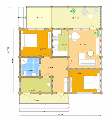 Проект дома из двойного бруса «Опал», 105 м². Планировка 1 этаж