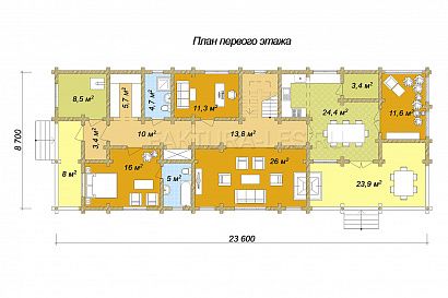 Проект дома из бревна «Колос», 282 м². Планировка 1 этаж