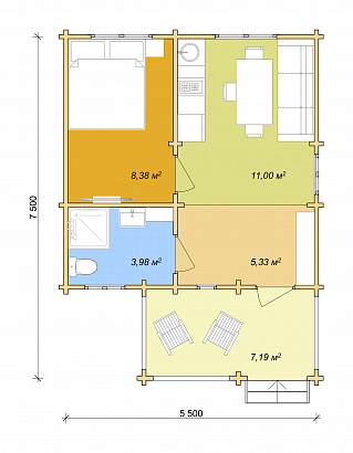 Проект дома из двойного бруса «Бранес», 37 м². Планировка 1 этаж