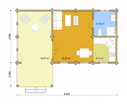 Проект дома из двойного бруса «Мальме», 45 м². Планировка 1 этаж