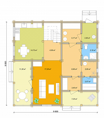 Проект дома из двойного бруса «Тихий уголок», 148 м². Планировка 1 этаж