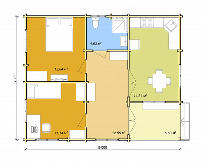 Проект дома из двойного бруса «Лунд», 65 м². Планировка 1 этаж