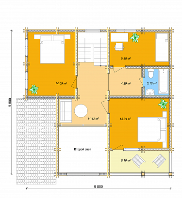Проект дома из двойного бруса «Тихий уголок», 148 м². Планировка 2 этаж