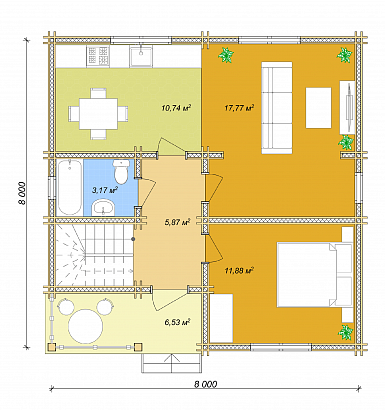 Проект дома из двойного бруса «Вележ», 110 м². Планировка 1 этаж