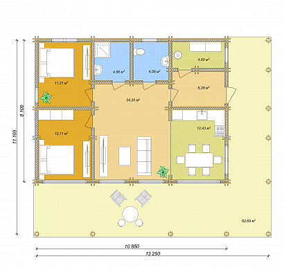 Проект дома из двойного бруса «Лэнгли», 143 м². Планировка 1 этаж