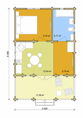 Проект дома из двойного бруса «Бревик», 44 м². Планировка 1 этаж