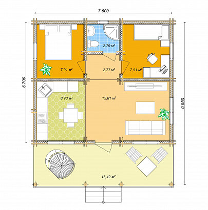 Проект дома из двойного бруса «Каспий», 65 м². Планировка 1 этаж