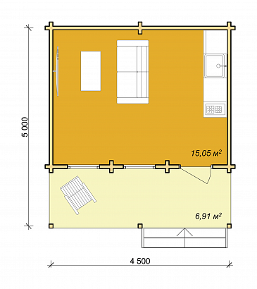 Проект дома из двойного бруса «Лахти», 22 м². Планировка 1 этаж